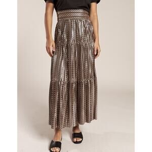 Ba&Sh Poly Midi Skirt Gold Metallic Chevron Pleated Tiered SZ S